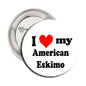 American Eskimo pinback button with red heart and 'I love my American Eskimo' text