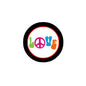 2.25-inch pinback button with black rim and colorful peace-sign lettering