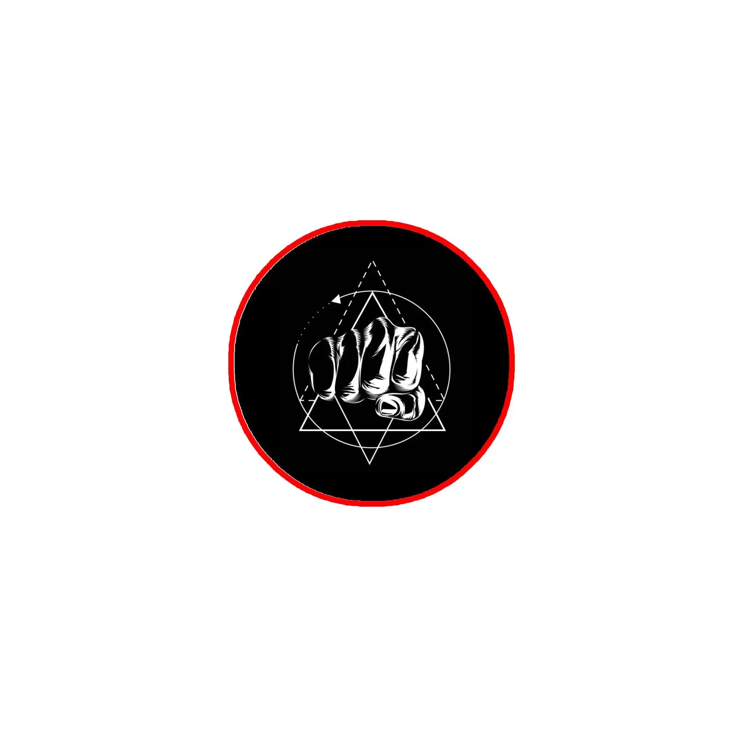 2.25-inch pinback button, black with red rim, white hand tattoo in triangle