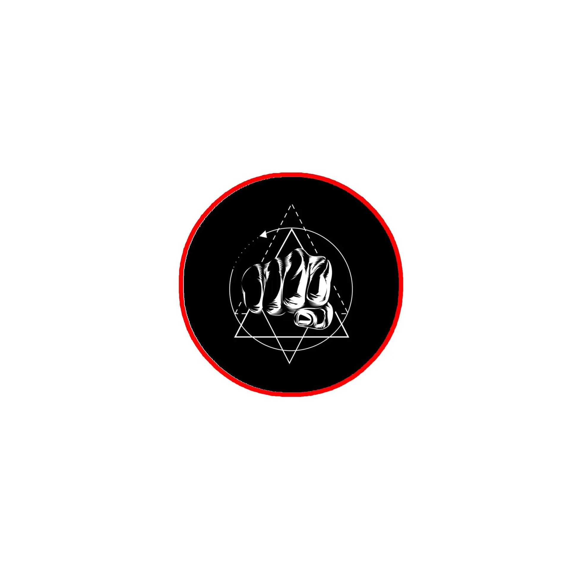 2.25-inch pinback button, black with red rim, white hand tattoo in triangle