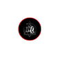 2.25-inch pinback button, black with red rim, white hand tattoo in triangle