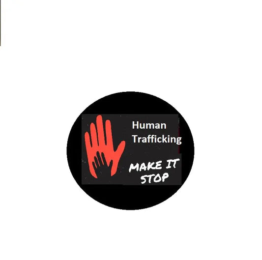 Pinback brooch with black circle, red hand graphic, Human Trafficking and Make It Stop
