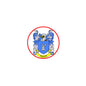 Round coat of arms pinback badge with red border, blue scrolls, and gold shield