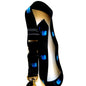 Themed lanyard with blue accents, black strap, metal clasp