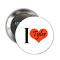 Round pinback button brooch with "I ♥ Tyler" orange heart design