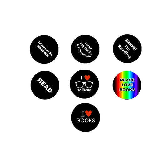 7 Pcs. Peace Love Books 1.25" Pinback or Jackets, Backpacks, etc.