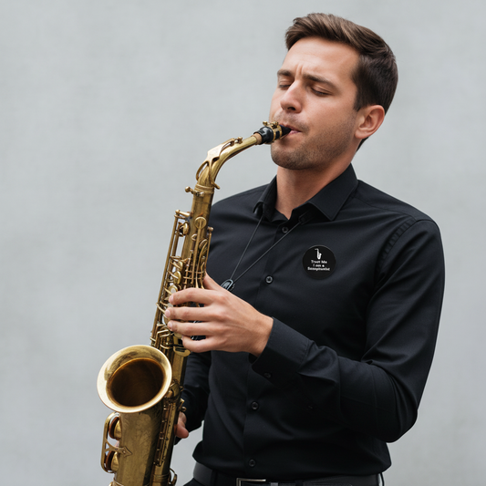 A man wearing a black button-down shirt and playing a gold saxophone against a plain gray background.