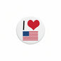 American flag heart pinback button, circular white with red heart and flag stripes