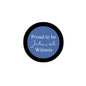 Pinback button with blue center text “Proud to be Jehovah Witness” and black border