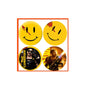 Set of four 1.25-inch round yellow metal pinback buttons with smiley and character art