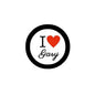 Round black-and-white pinback badge with red heart and text I ♥ Gary