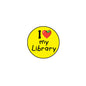Yellow round library pinback badge with heart and “I ♥ my Library” text