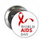 World AIDS Day pinback button with red awareness ribbon and text