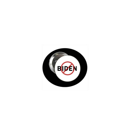Round pinback button with black border and red-circled “BIDEN” text