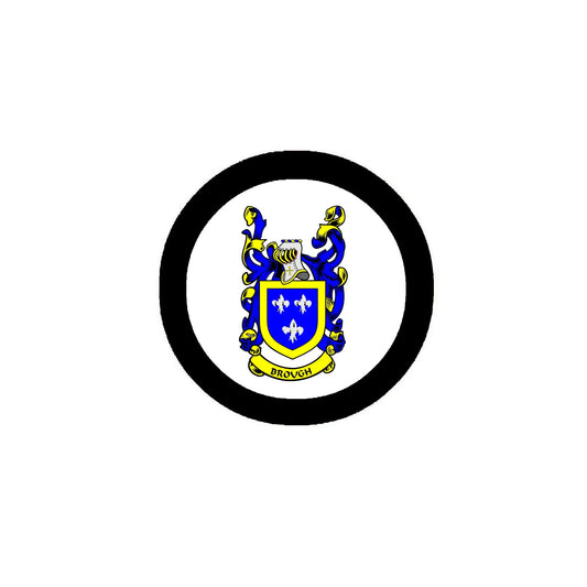 Round coat of arms pinback with Brough crest in blue and yellow, black border