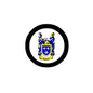 Round family crest pinback with black border and blue shield emblem