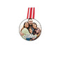 Round hanging Christmas photo ornament with red striped ribbon and Roosevelt family text