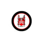Round pinback badge with black rim and red-white coat of arms crest, DAWDE