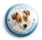 Jack Russell Terrier pinback button with puppy photo and “I LOVE” text