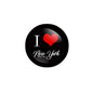 I Love New York pinback badge, round black design with red heart and white script