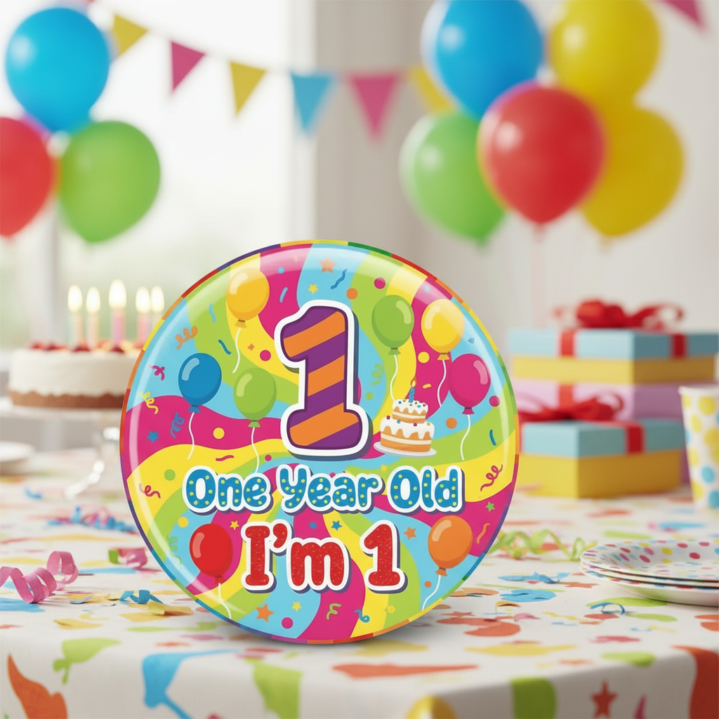 2.25-inch round pinback badge with '1' and 'One Year Old I'm 1' balloon graphics.