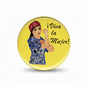 Yellow pinback button with illustrated woman and “¡Viva la Mujer!” text, 2.25-inch