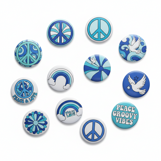 100 Pcs Blue Tones Peace Hippie Signs Pinback 1.25-inch Mypinbacks.com