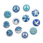 Set of blue peace hippie pinback buttons with peace signs, dove, flowers, “Peace Groovy Vibes”