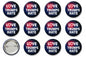 Pack of round pinback buttons, navy with “LOVE TRUMPS HATE” text and heart logo