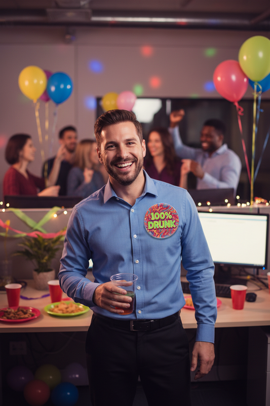 Person wearing a blue shirt with a round '100% DRUNK' pinback button on the chest