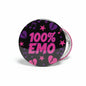 2.25-inch round pinback button, black with purple '100% EMO' text and music icons