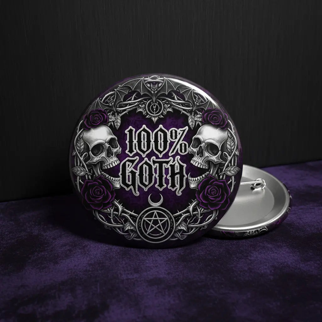 Goth pinback button, round silver with 100% GOTH text, skulls and roses, pentagram
