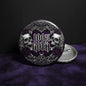 Goth pinback button, round silver with 100% GOTH text, skulls and roses, pentagram