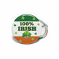 Irish pinback button, round green-white-orange design with 100% Irish text and clovers