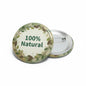 Natural pinback button with leaf wreath and “100% Natural” text