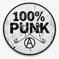Round 2.25-inch punk pinback button with 100% Punk text, crossed tools, peace sign