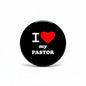 Black pinback button with red heart and white text reading “I my PASTOR”