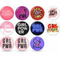 Girl Power v2 pinback button set, 1.25-inch, 10 round designs in pink, purple, black
