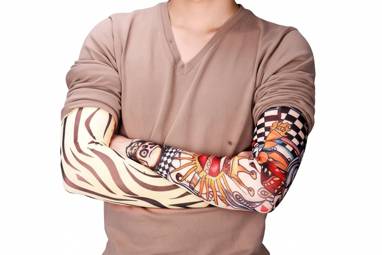 Arm sleeve tattoo art print worn on forearm, colorful tribal-style design in red and black