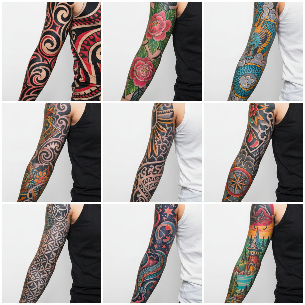 Tattoo sleeve on arm with floral, swirl and compass-style ink patterns