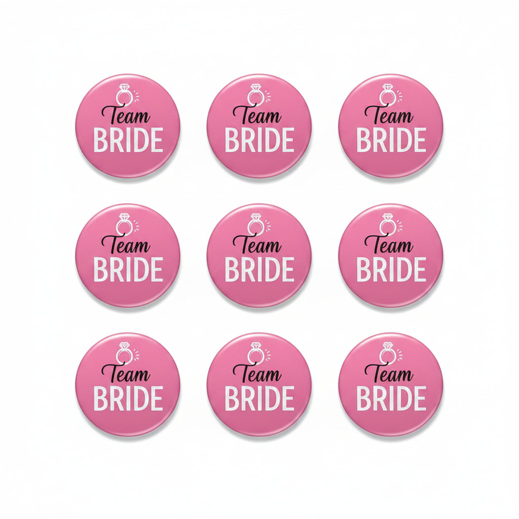 Pink 'Team BRIDE' pinback buttons set, 9 shown in grid