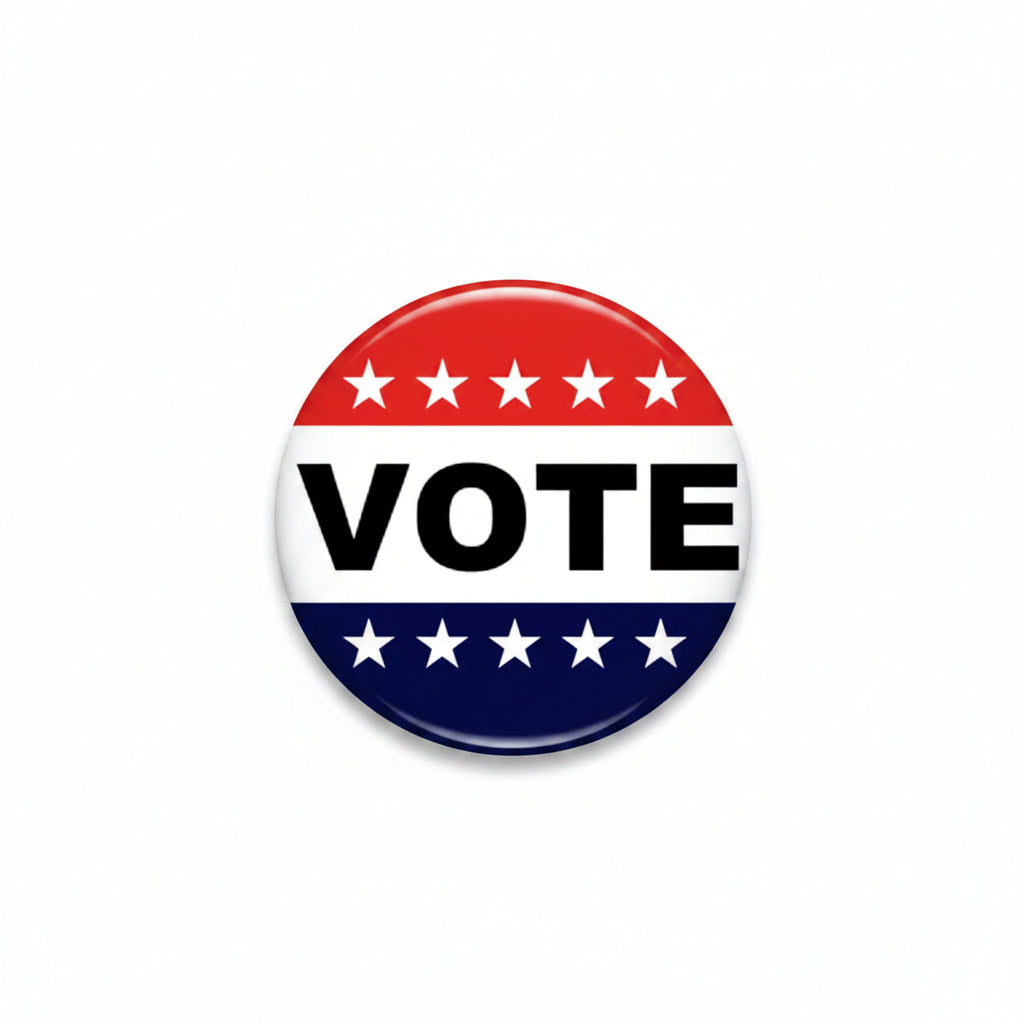 Vote pinback button with red white blue stars and stripes, 'VOTE' text