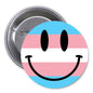 Transgender rainbow smiley face 1.25-inch pinback button with blue, pink, white flag colors