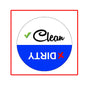Round dishwasher clean/dirty message magnet, checkmarked Clean text with blue DIRTY area.
