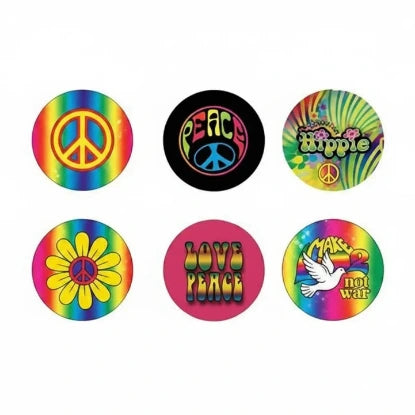 Six circular peace-themed stickers arranged in a 2x3 grid on a white background. The designs include a rainbow peace symbol, a black peace sign with neon colors, a green and yellow psychedelic hippie flower, a yellow daisy with a peace sign in the center, the words 'LOVE PEACE' in rainbow letters, and a white dove with 'MAKE NOT WAR' on a rainbow background.