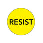 Yellow round pinback button with black “RESIST” text