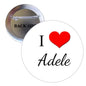 Round pinback button with "I ♥ Adele" text and red heart