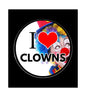 Round clown pinback badge with colorful face, red heart, and 'I Love Clowns' text