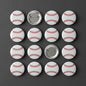 Set of baseball pinback buttons, round metal backs, white balls with red stitching