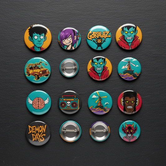 Set of 12 round character badges with safety-pin backs